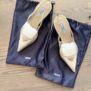 Prada Pointy Kitten Comma Heel Slingback Color: Deserto (Beige)